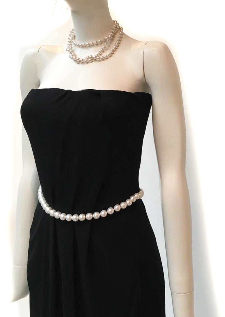 CHANEL 09S Navy Pearl Belt Strapless Cocktail Dress 38 シャネル ネイビー パール ベルト チューブ カクテル ドレス ワンピース