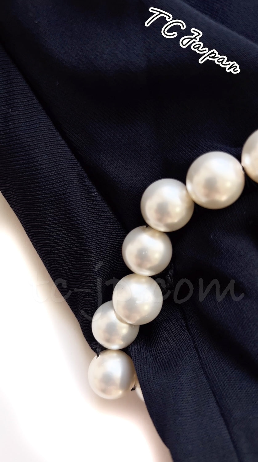 CHANEL 09S Navy Pearl Belt Strapless Cocktail Dress 38 シャネル ネイビー パール ベルト チューブ カクテル ドレス ワンピース
