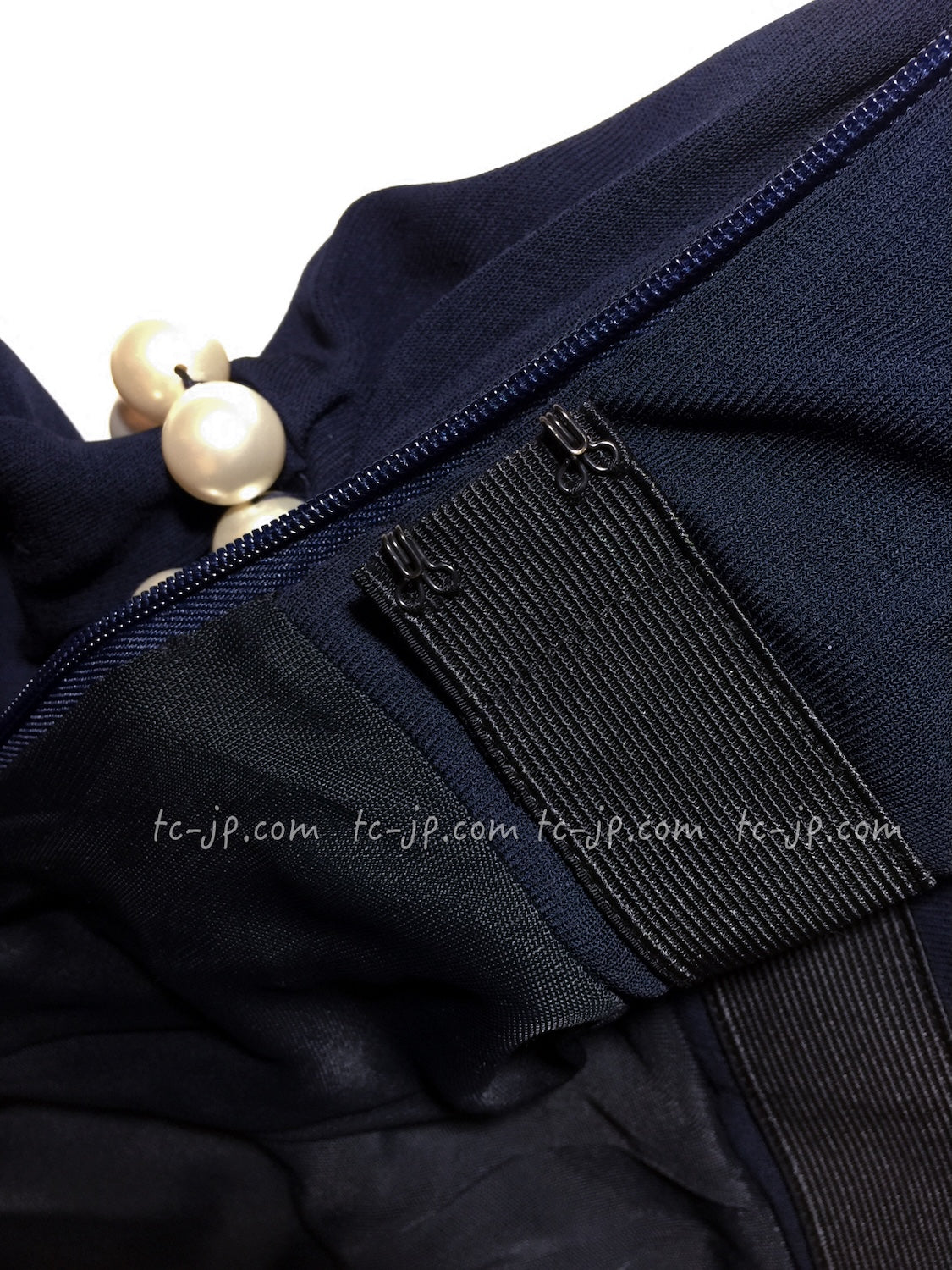 CHANEL 09S Navy Pearl Belt Strapless Cocktail Dress 38 シャネル ネイビー パール ベルト チューブ カクテル ドレス ワンピース