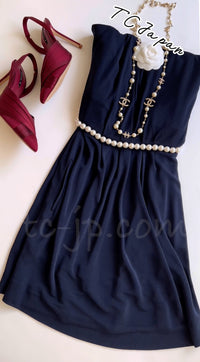 CHANEL 09S Navy Pearl Belt Strapless Cocktail Dress 38 シャネル ネイビー パール ベルト チューブ カクテル ドレス ワンピース