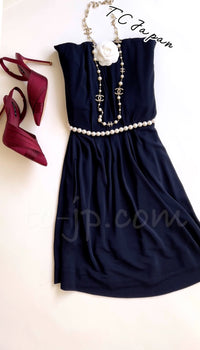 CHANEL 09S Navy Pearl Belt Strapless Cocktail Dress 38 シャネル ネイビー パール ベルト チューブ カクテル ドレス ワンピース