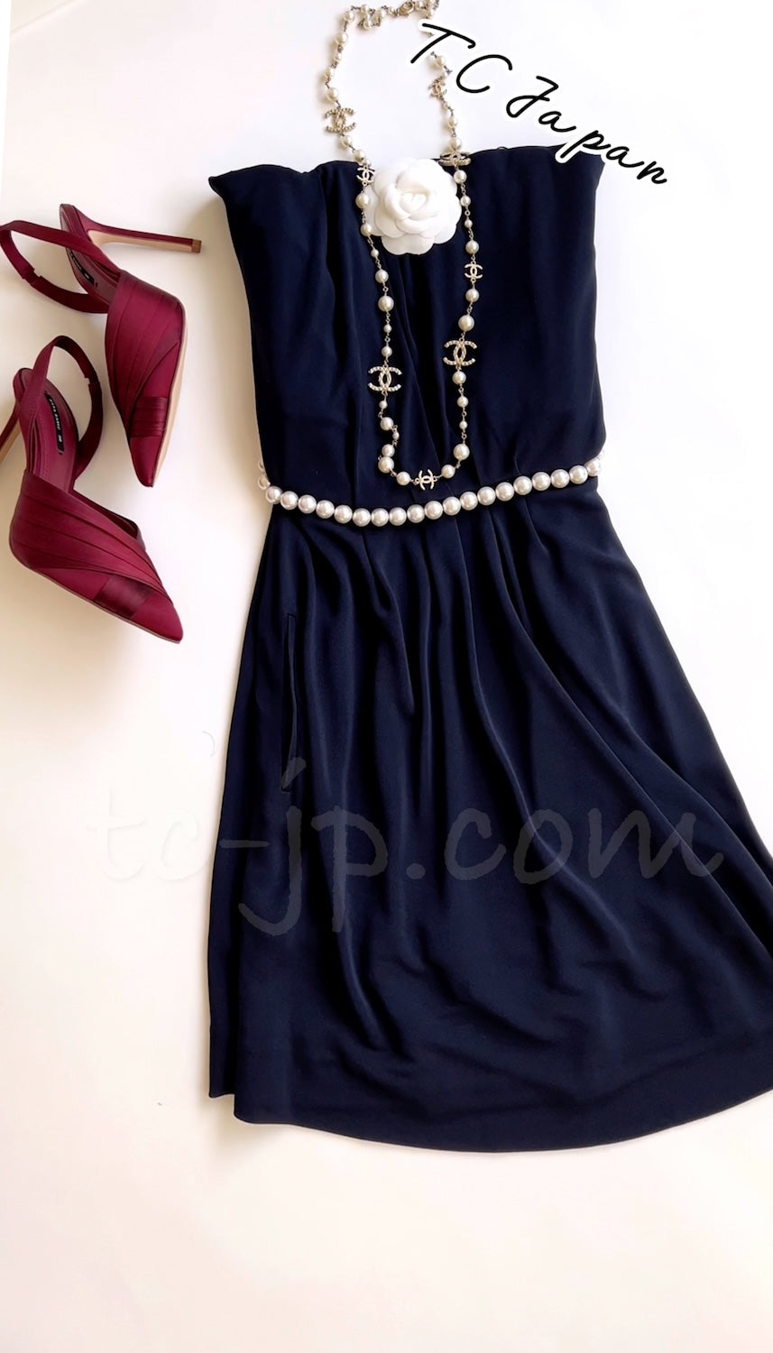 CHANEL 09S Navy Pearl Belt Strapless Cocktail Dress 38 シャネル ネイビー パール ベルト チューブ カクテル ドレス ワンピース