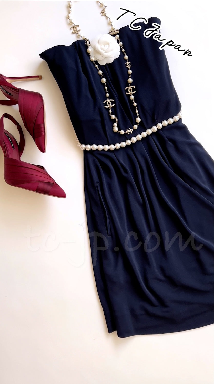 CHANEL 09S Navy Pearl Belt Strapless Cocktail Dress 38 シャネル ネイビー パール ベルト チューブ カクテル ドレス ワンピース