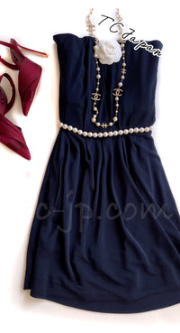 CHANEL 09S Navy Pearl Belt Strapless Cocktail Dress 38 シャネル ネイビー パール ベルト チューブ カクテル ドレス ワンピース