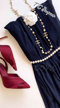 CHANEL 09S Navy Pearl Belt Strapless Cocktail Dress 38 シャネル ネイビー パール ベルト チューブ カクテル ドレス ワンピース