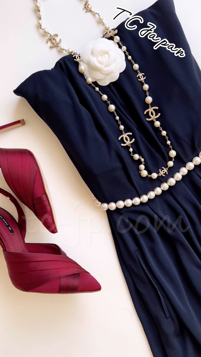 CHANEL 09S Navy Pearl Belt Strapless Cocktail Dress 38 シャネル ネイビー パール ベルト チューブ カクテル ドレス ワンピース