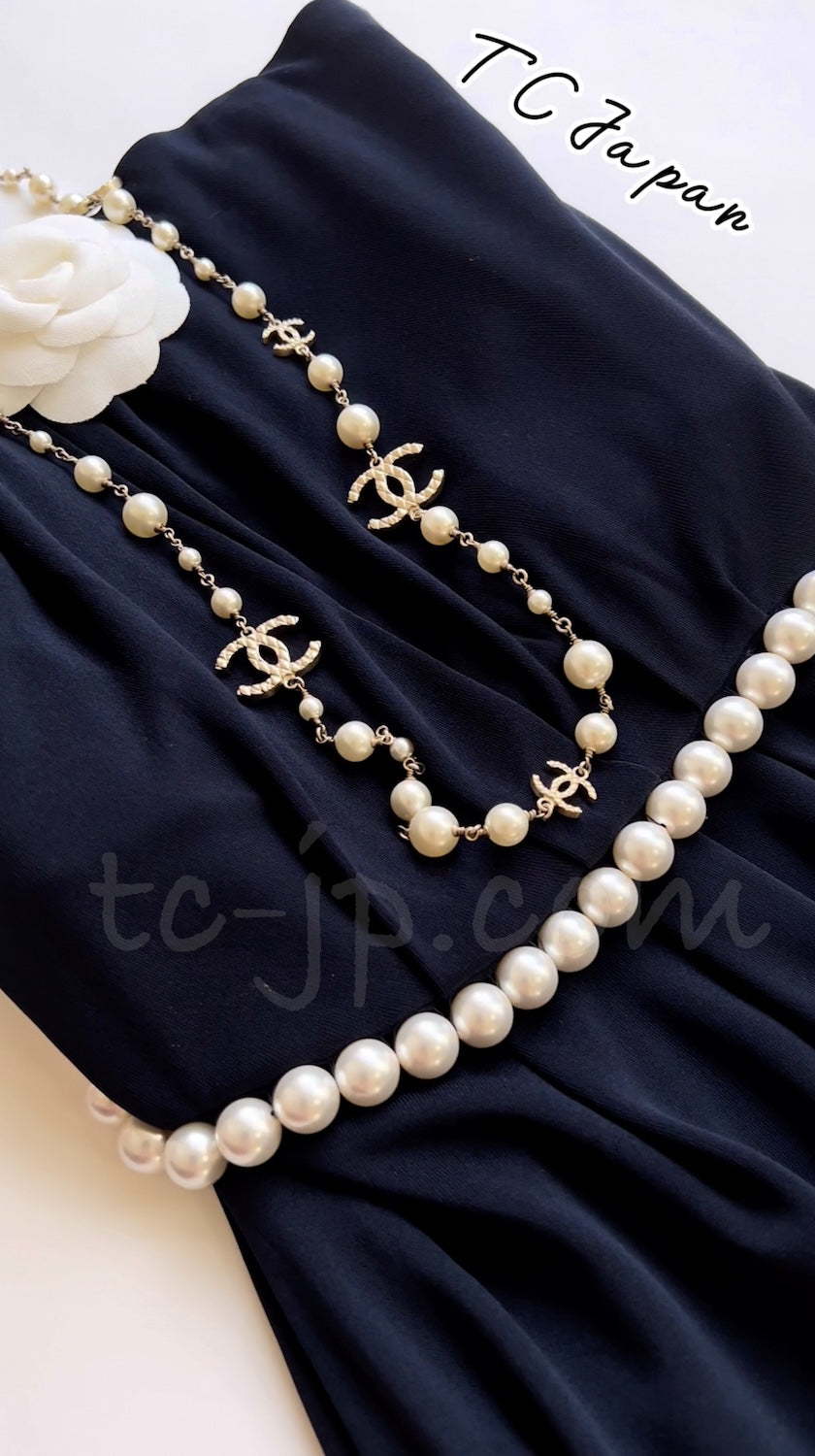 CHANEL 09S Navy Pearl Belt Strapless Cocktail Dress 38 シャネル ネイビー パール ベルト チューブ カクテル ドレス ワンピース