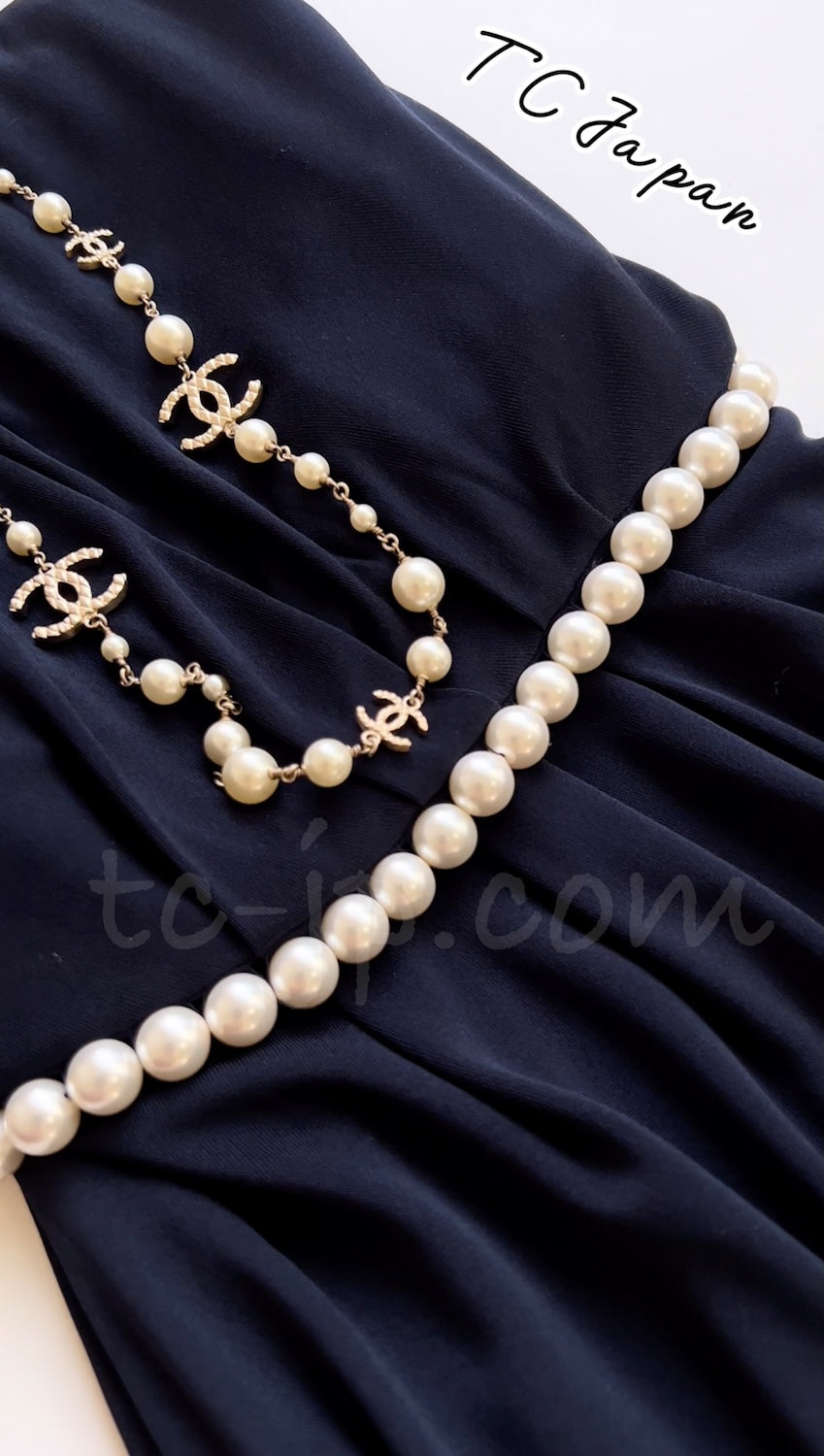 CHANEL 09S Navy Pearl Belt Strapless Cocktail Dress 38 シャネル ネイビー パール ベルト チューブ カクテル ドレス ワンピース