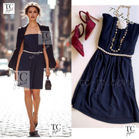 CHANEL 09S Navy Pearl Belt Strapless Cocktail Dress 38 シャネル ネイビー パール ベルト チューブ カクテル ドレス ワンピース