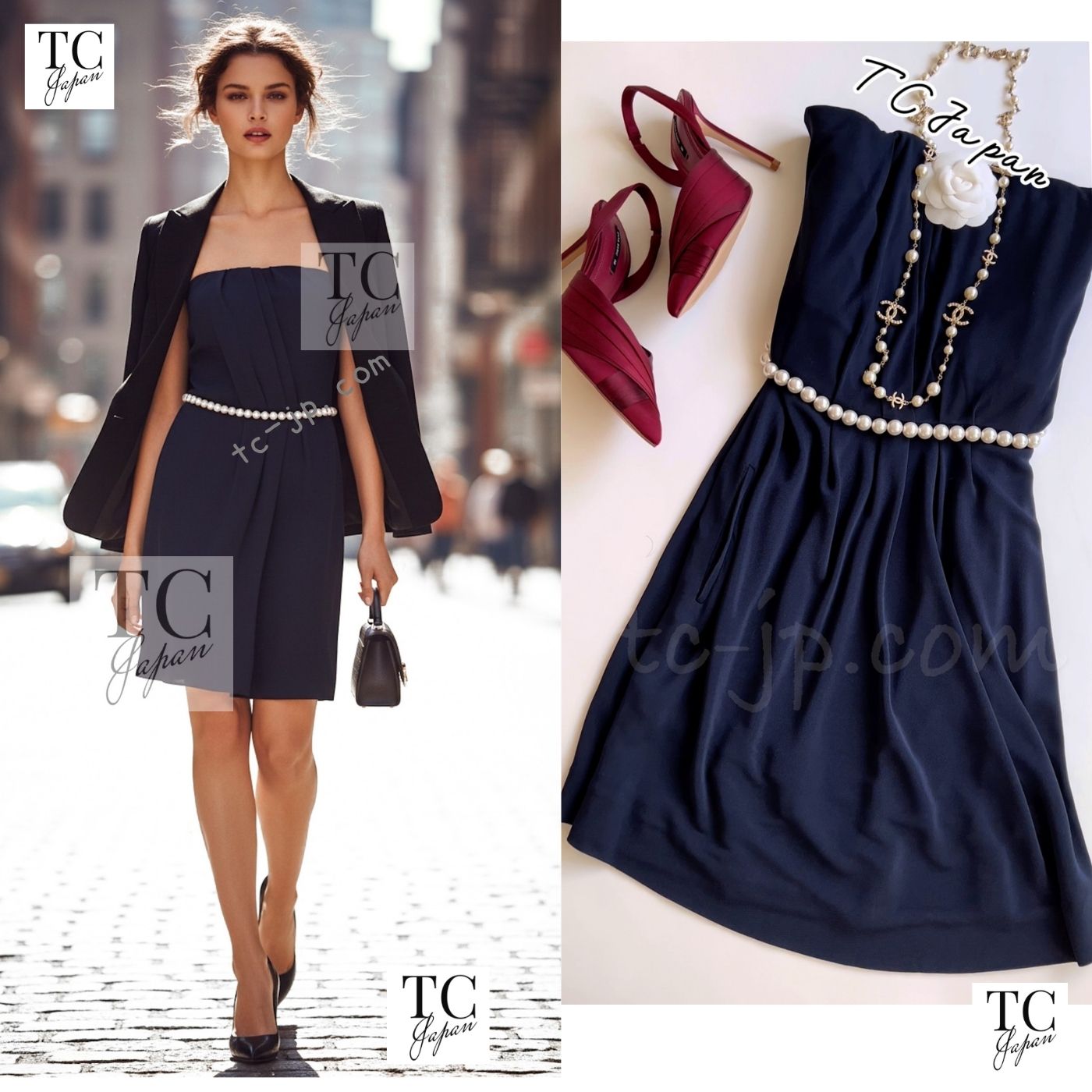 CHANEL 09S Navy Pearl Belt Strapless Cocktail Dress 38 シャネル ネイビー パール ベルト チューブ カクテル ドレス ワンピース
