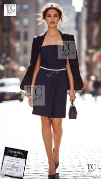 CHANEL 09S Navy Pearl Belt Strapless Cocktail Dress 38 シャネル ネイビー パール ベルト チューブ カクテル ドレス ワンピース