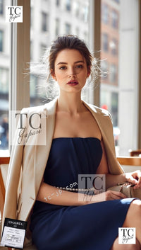 CHANEL 09S Navy Pearl Belt Strapless Cocktail Dress 38 シャネル ネイビー パール ベルト チューブ カクテル ドレス ワンピース