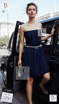 CHANEL 09S Navy Pearl Belt Strapless Cocktail Dress 38 シャネル ネイビー パール ベルト チューブ カクテル ドレス ワンピース