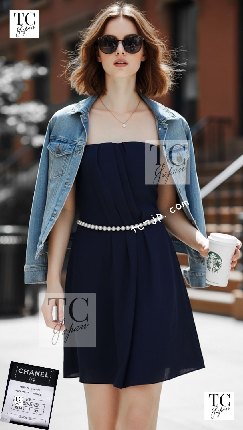 CHANEL 09S Navy Pearl Belt Strapless Cocktail Dress 38 シャネル ネイビー パール ベルト チューブ カクテル ドレス ワンピース