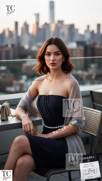 CHANEL 09S Navy Pearl Belt Strapless Cocktail Dress 38 シャネル ネイビー パール ベルト チューブ カクテル ドレス ワンピース