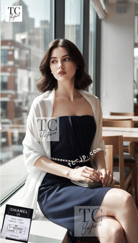 CHANEL 09S Navy Pearl Belt Strapless Cocktail Dress 38 シャネル ネイビー パール ベルト チューブ カクテル ドレス ワンピース