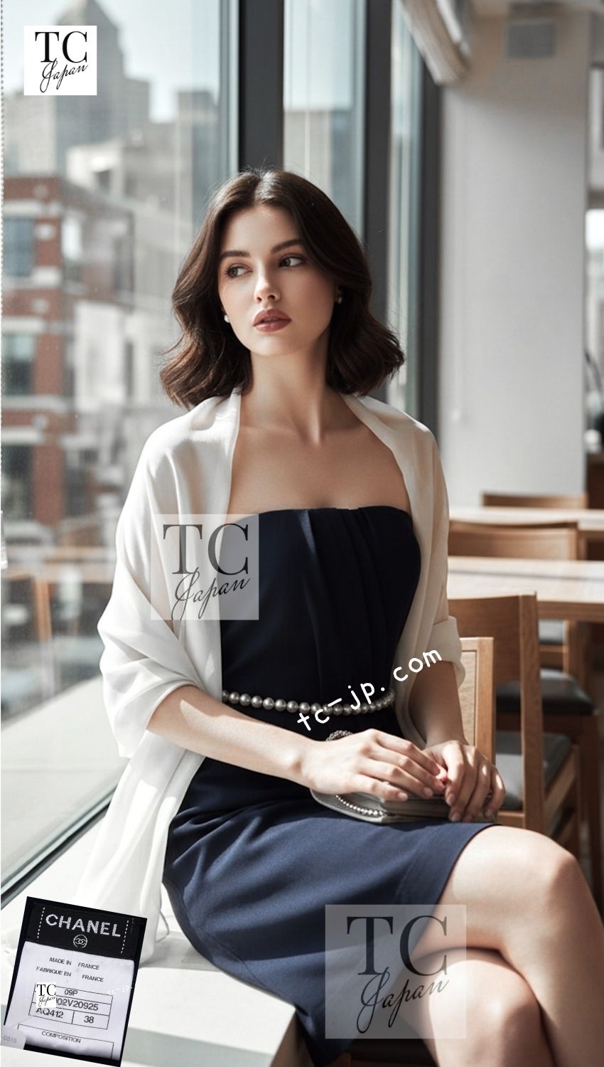 CHANEL 09S Navy Pearl Belt Strapless Cocktail Dress 38 シャネル ネイビー パール ベルト チューブ カクテル ドレス ワンピース