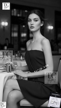 CHANEL 09S Navy Pearl Belt Strapless Cocktail Dress 38 シャネル ネイビー パール ベルト チューブ カクテル ドレス ワンピース