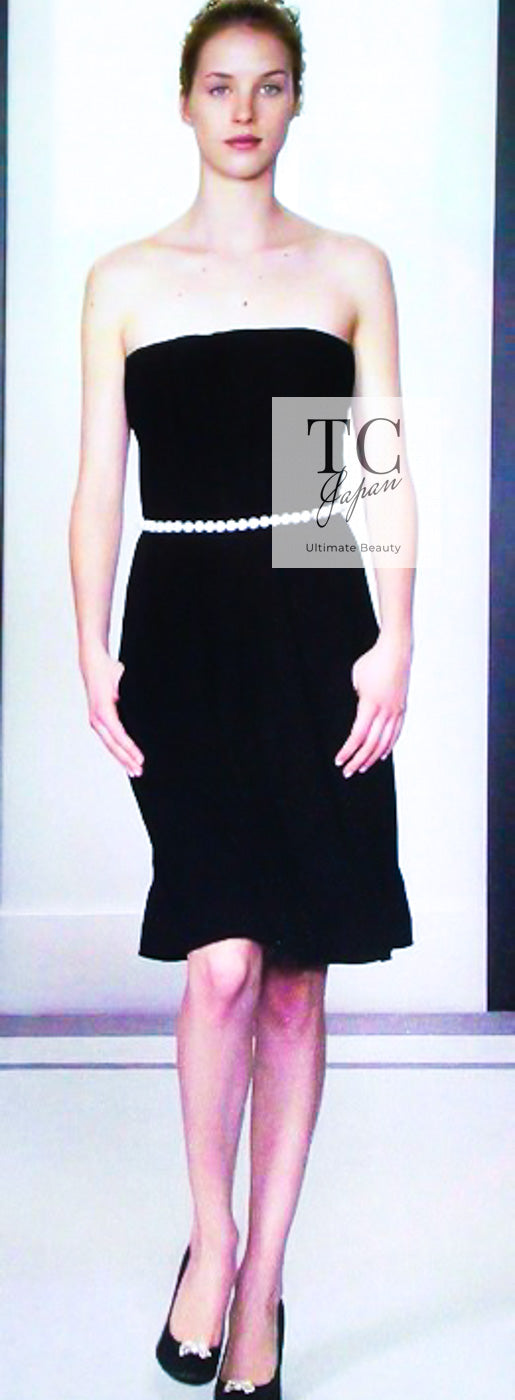 CHANEL 09S Navy Pearl Belt Strapless Cocktail Dress 38 シャネル ネイビー パール ベルト チューブ カクテル ドレス ワンピース