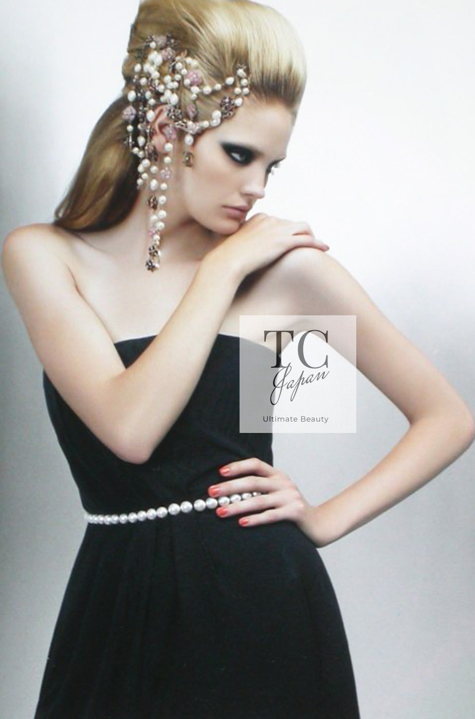 CHANEL 09S Navy Pearl Belt Strapless Cocktail Dress 38 シャネル ネイビー パール ベルト チューブ カクテル ドレス ワンピース