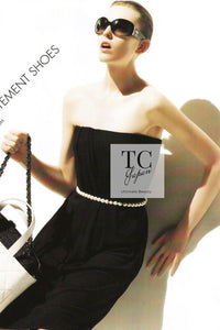 CHANEL 09S Navy Pearl Belt Strapless Cocktail Dress 38 シャネル ネイビー パール ベルト チューブ カクテル ドレス ワンピース