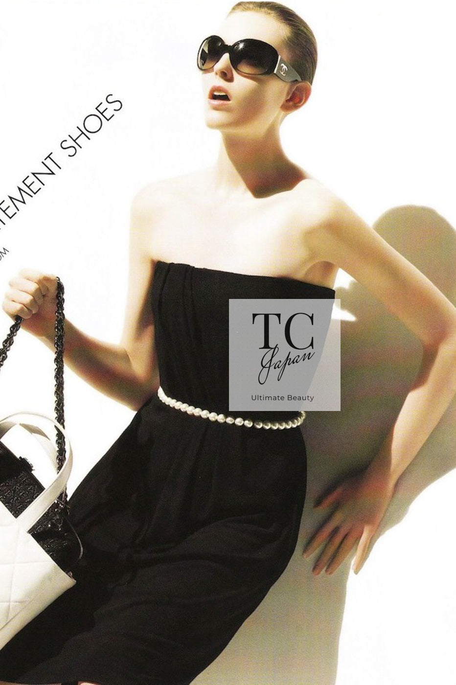 CHANEL 09S Navy Pearl Belt Strapless Cocktail Dress 38 シャネル ネイビー パール ベルト チューブ カクテル ドレス ワンピース