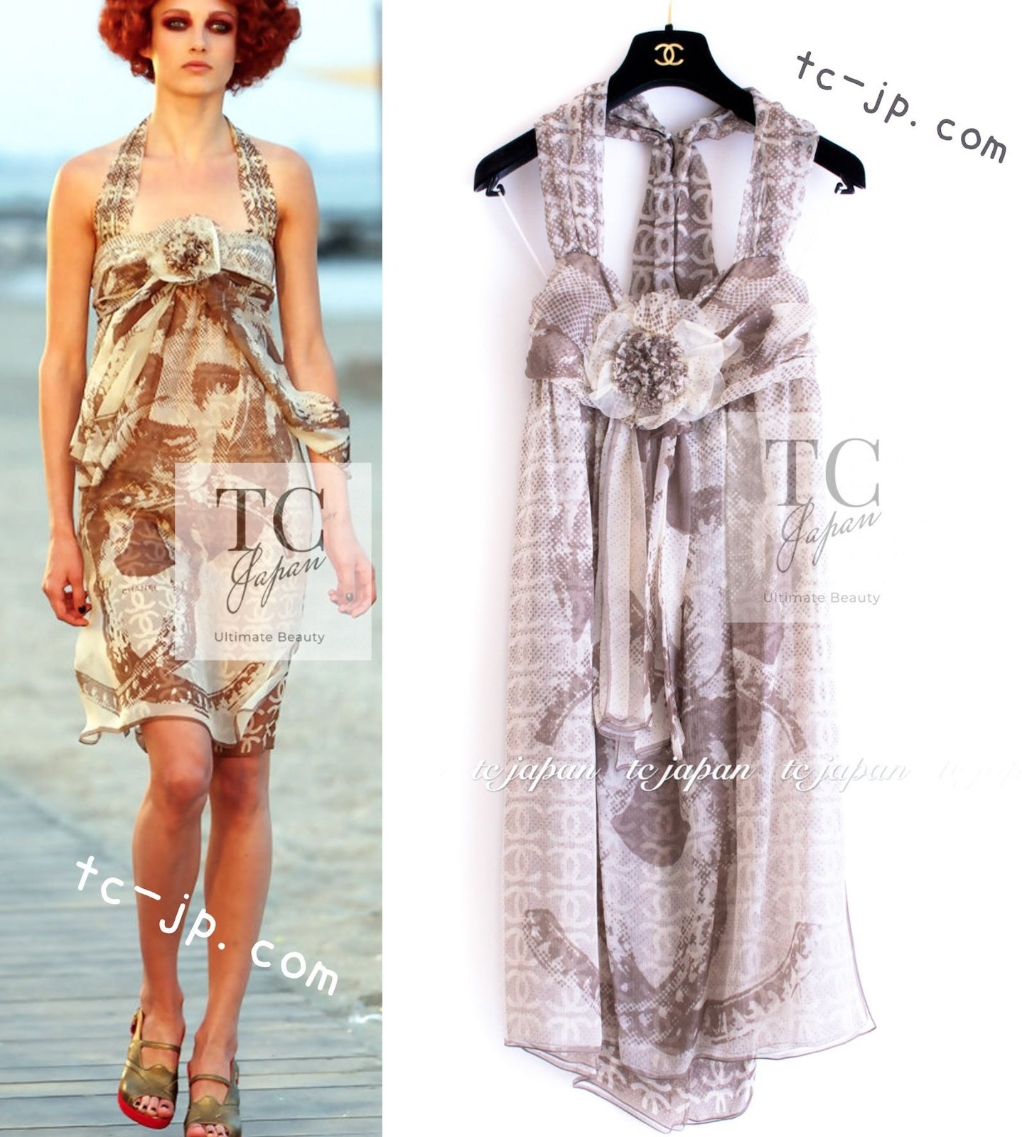 シャネル ワンピース CHANEL 10C Brown Lion Camellia CC Logo Silk Dress ブラウン ライオン カメリア  CC ロゴ 柄 ホルターネック シルク – TC JAPAN