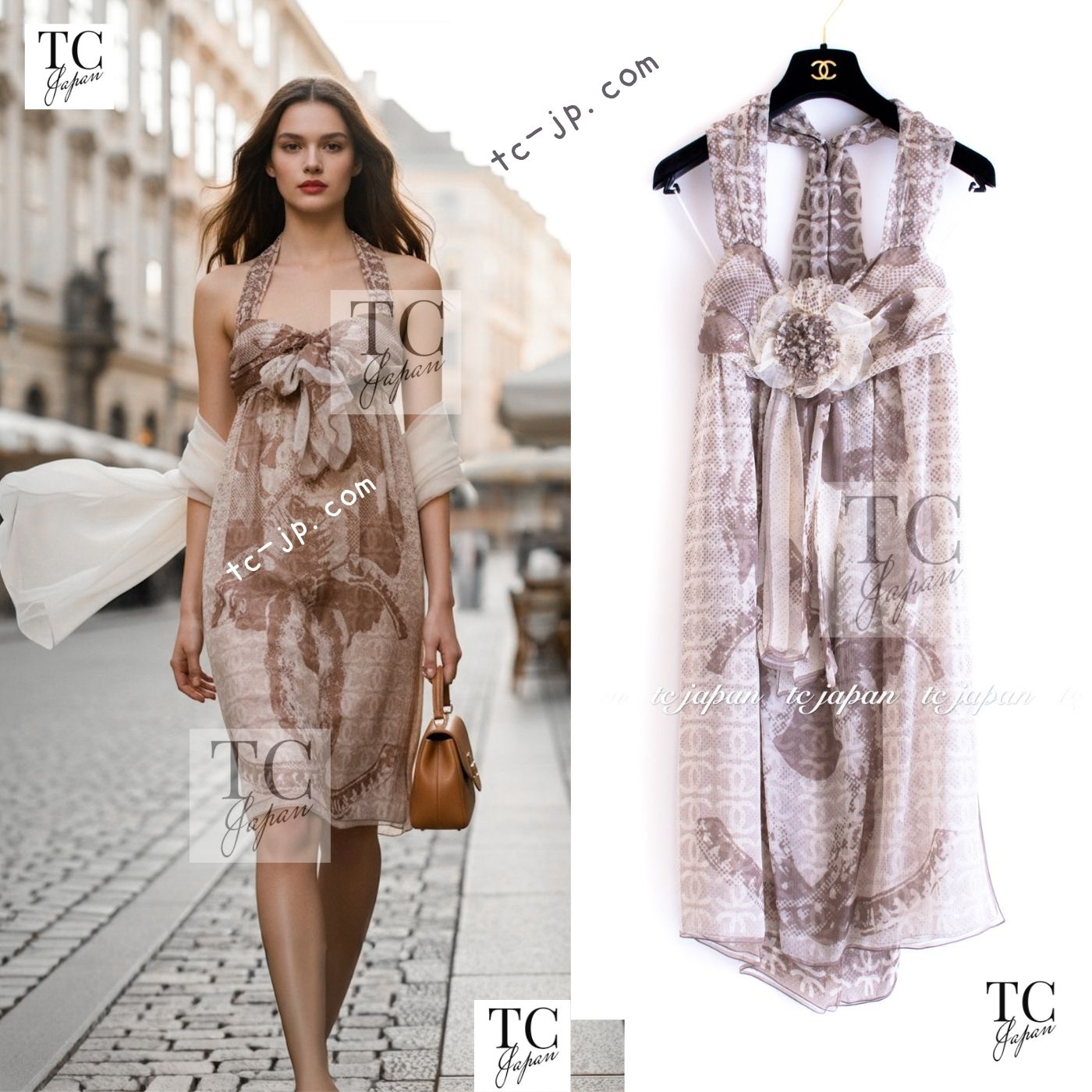 CHANEL 10C Brown Lion Camellia CC Logo Silk Dress 38 シャネル ブラウン ライオン カメリア CC ロゴ 柄 ホルターネック シルクワンピース 即発