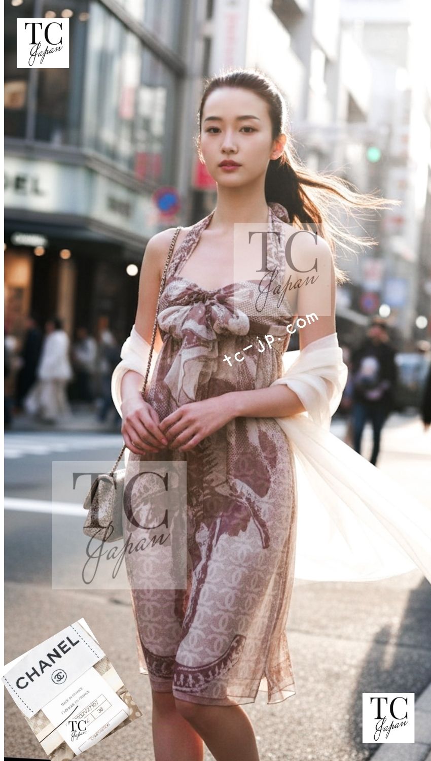 CHANEL 10C Brown Lion Camellia CC Logo Silk Dress 38 シャネル ブラウン ライオン カメリア CC ロゴ 柄 ホルターネック シルクワンピース 即発