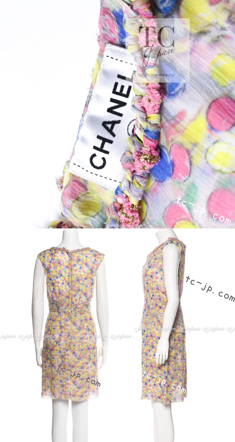 CHANEL 11C Yellow Pink Blue Pretty CC Mark Silk Dress 34 シャネル イエロー ピンク ブルー 水玉 ココマーク シルク ワンピース 即発