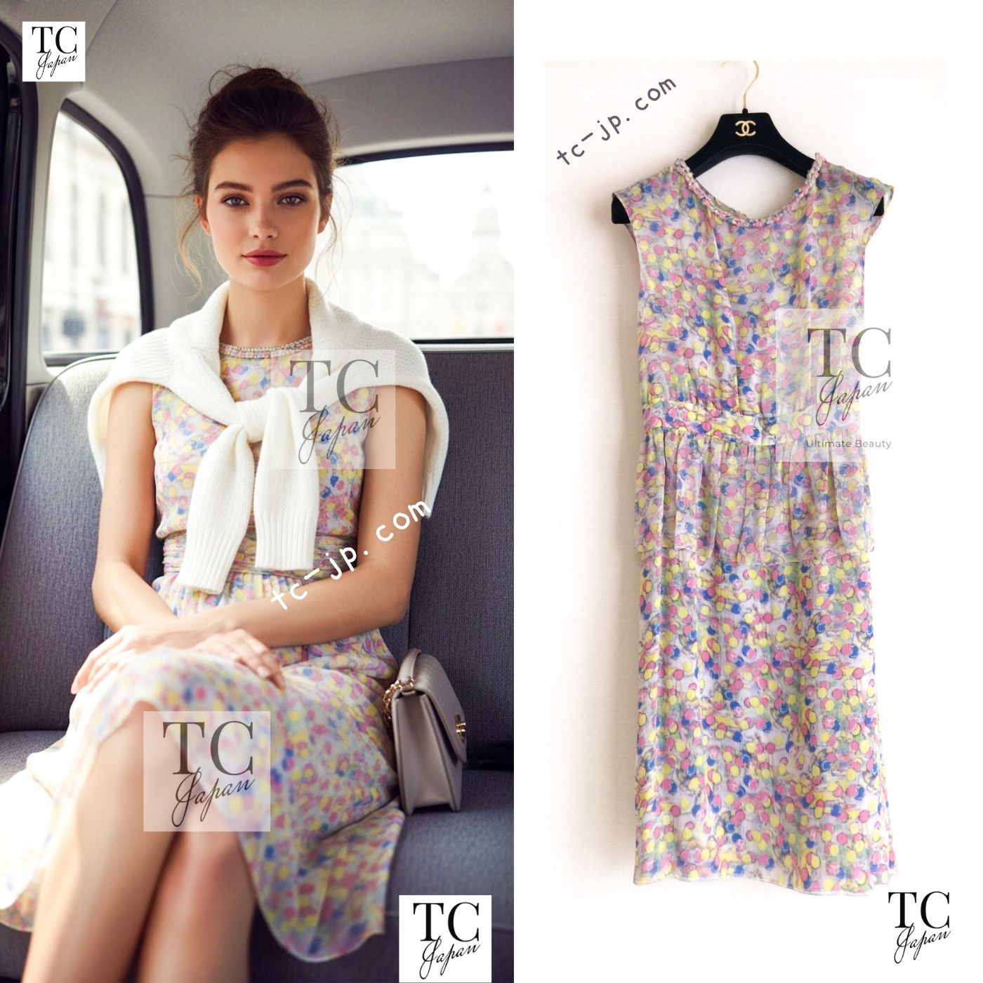 CHANEL 11C Yellow Pink Blue Pretty CC Mark Silk Dress 34 42 シャネル イエロー ピンク ブルー 水玉 ココマーク シルク ワンピース 即発
