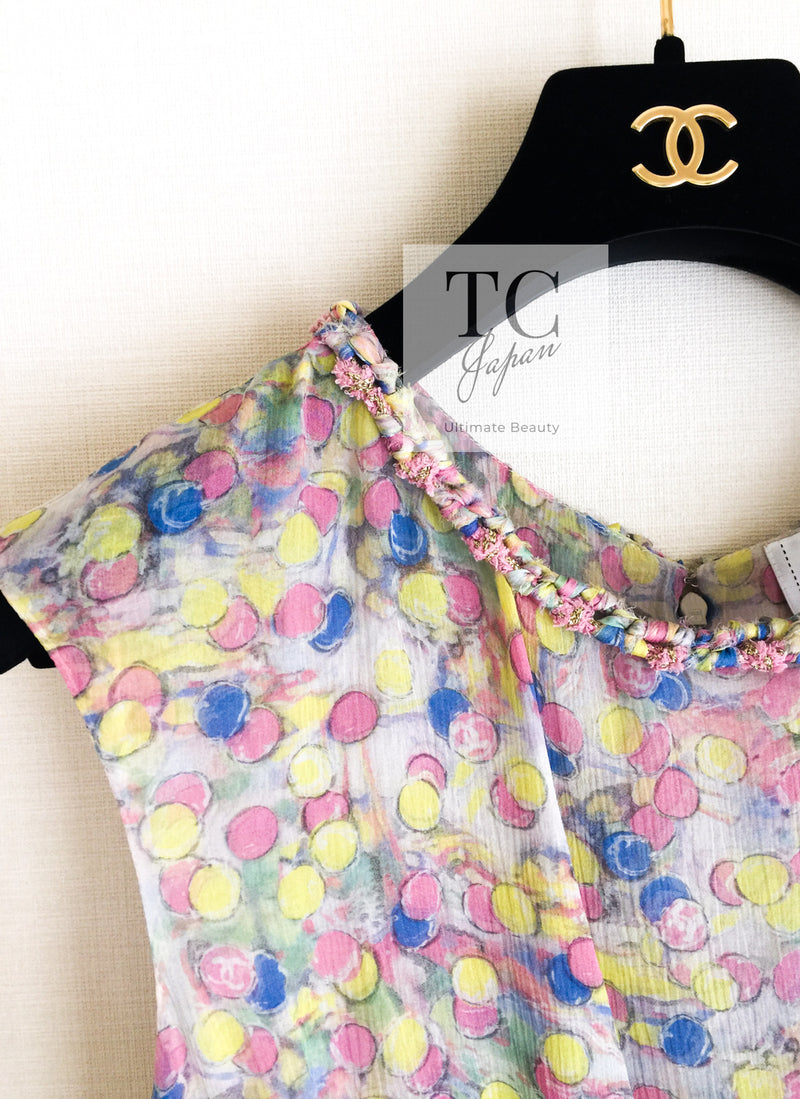 CHANEL 11C Yellow Pink Blue Pretty CC Mark Silk Dress 34 シャネル イエロー ピンク ブルー 水玉 ココマーク シルク ワンピース 即発