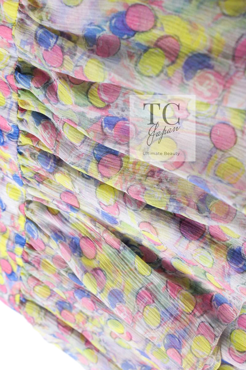 CHANEL 11C Yellow Pink Blue Pretty CC Mark Silk Dress 34 シャネル イエロー ピンク ブルー 水玉 ココマーク シルク ワンピース 即発