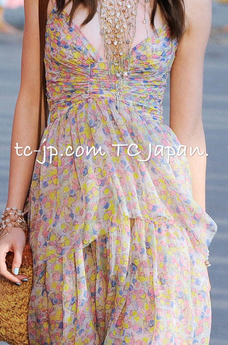 CHANEL 11C Yellow Pink Blue Pretty CC Mark Silk Dress 34 42 シャネル イエロー ピンク ブルー 水玉 ココマーク シルク ワンピース 即発 - TC JAPAN