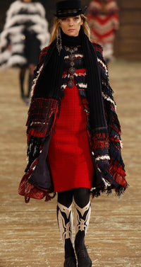 CHANEL 14PF Red Fringe Leather Trim Wool Tweed Dress 34 シャネル レッド フリンジ レザー トリミング ウール ツイード ワンピース 即発