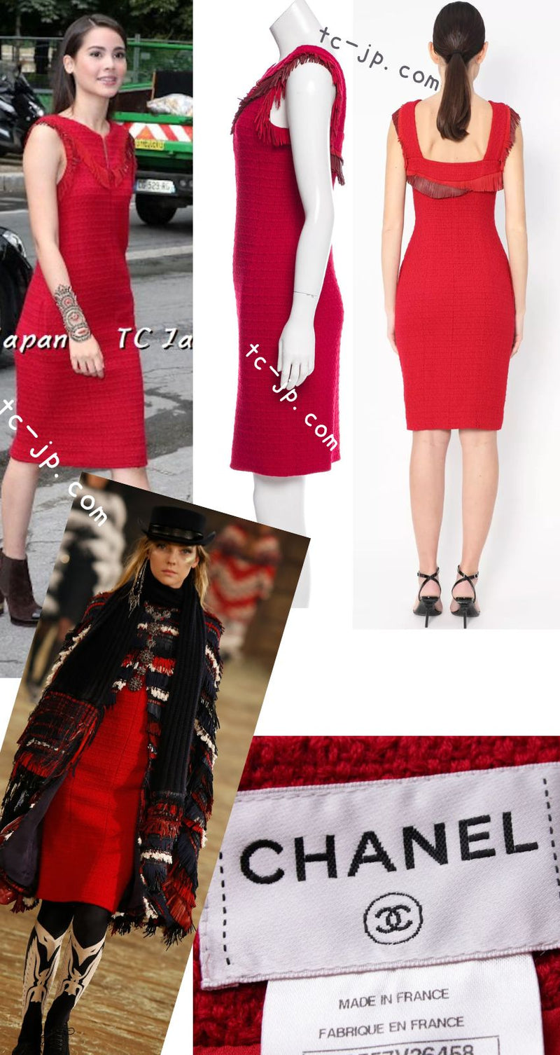 CHANEL 14PF Red Fringe Leather Trim Wool Tweed Dress 34 シャネル レッド フリンジ レザー トリミング ウール ツイード ワンピース 即発