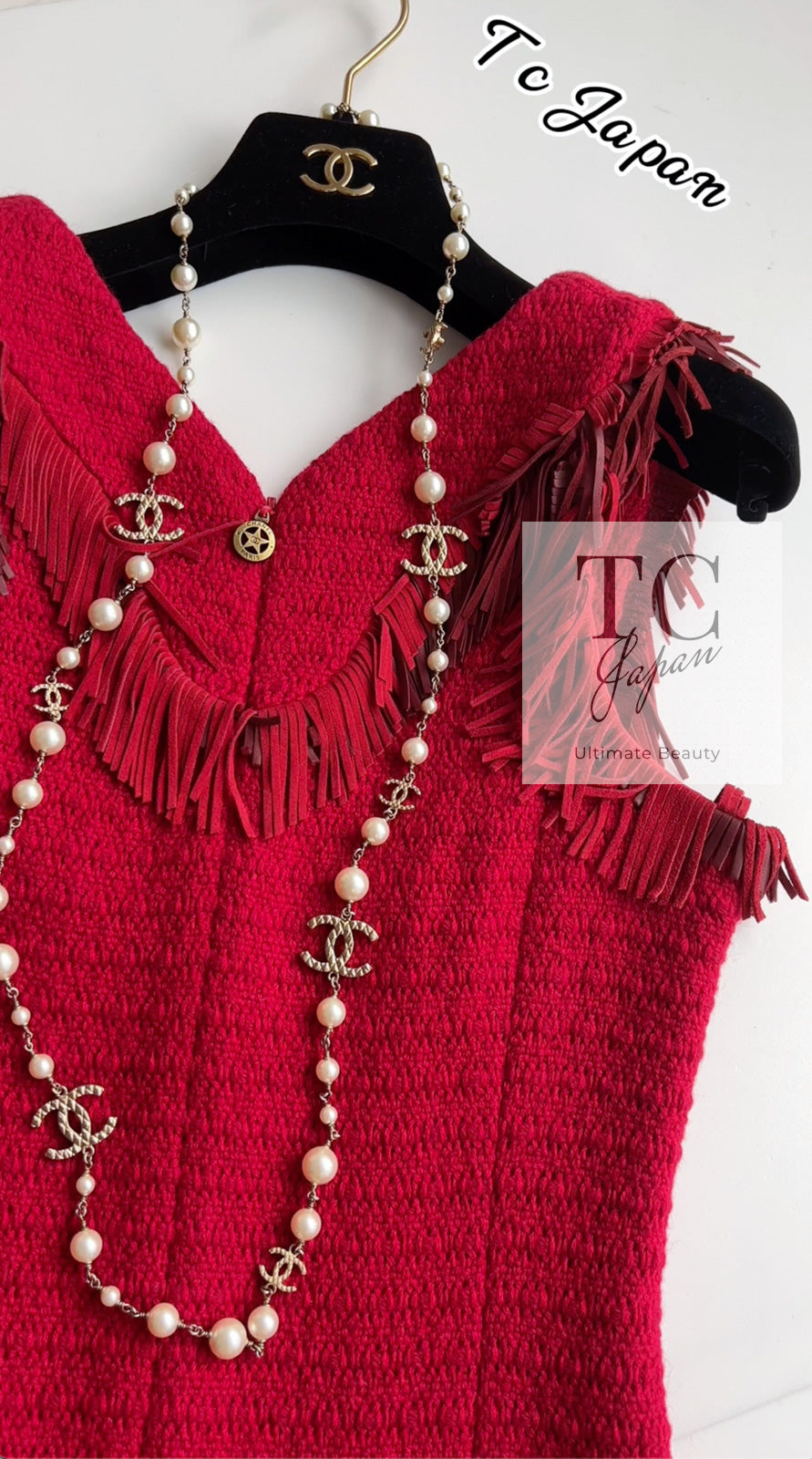 CHANEL 14PF Red Fringe Leather Trim Wool Tweed Dress 34 シャネル レッド フリンジ レザー  トリミング ウール ツイード ワンピース 即発