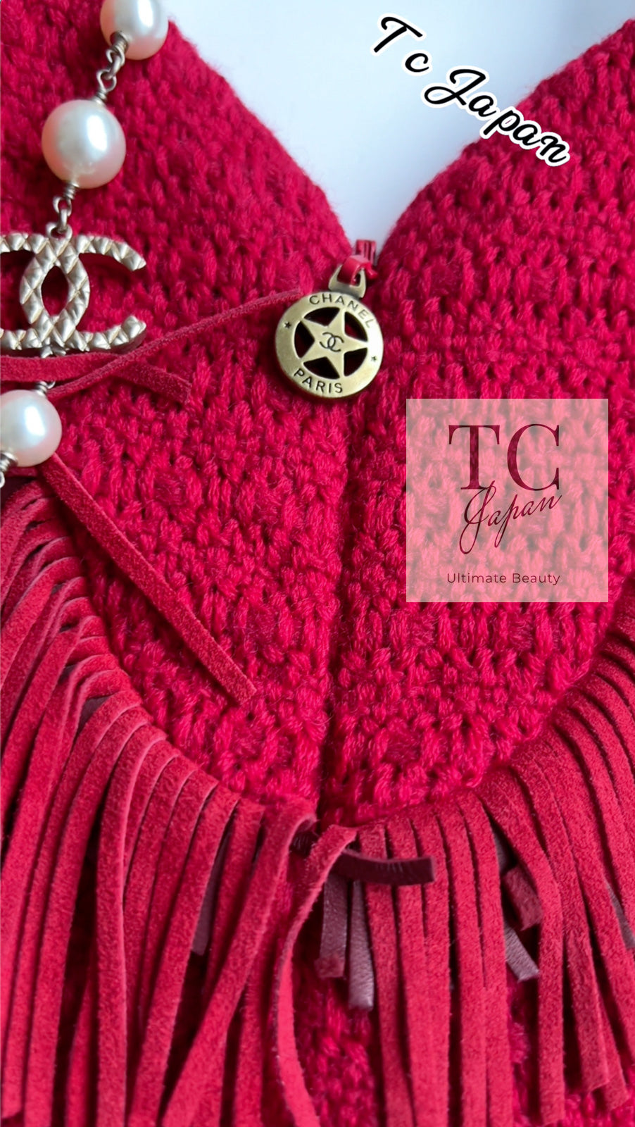 CHANEL 14PF Red Fringe Leather Trim Wool Tweed Dress 34 シャネル レッド フリンジ レザー  トリミング ウール ツイード ワンピース 即発