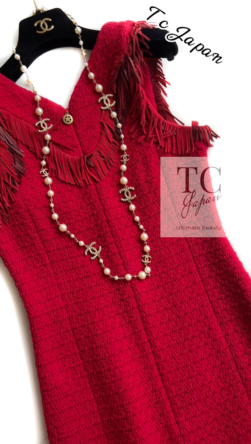 CHANEL 14PF Red Fringe Leather Trim Wool Tweed Dress 34 シャネル レッド フリンジ レザー トリミング ウール ツイード ワンピース 即発