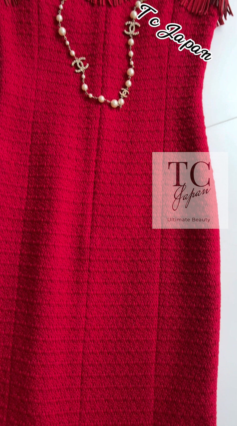 CHANEL 14PF Red Fringe Leather Trim Wool Tweed Dress 34 シャネル レッド フリンジ レザー トリミング ウール ツイード ワンピース 即発