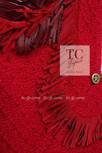 CHANEL 14PF Red Fringe Leather Trim Wool Tweed Dress 34 シャネル レッド フリンジ レザー トリミング ウール ツイード ワンピース 即発