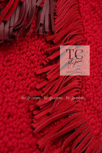 CHANEL 14PF Red Fringe Leather Trim Wool Tweed Dress 34 シャネル レッド フリンジ レザー トリミング ウール ツイード ワンピース 即発