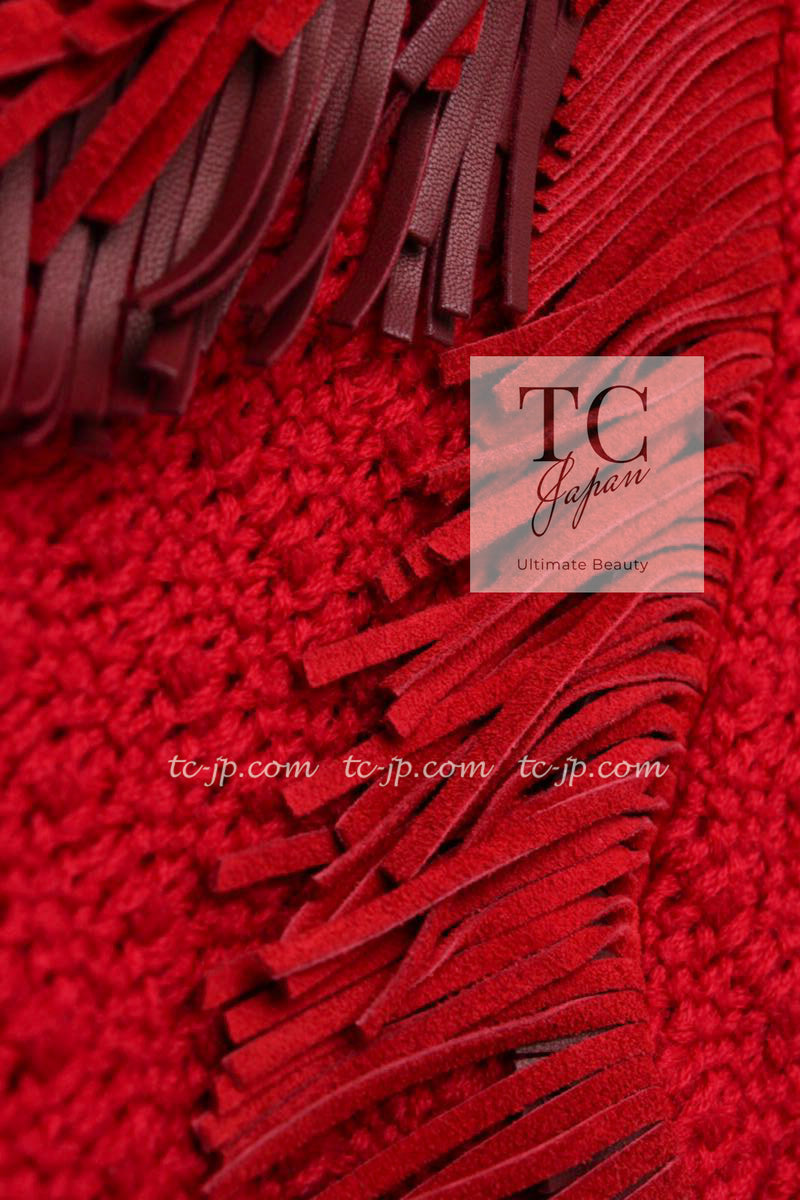 CHANEL 14PF Red Fringe Leather Trim Wool Tweed Dress 34 シャネル レッド フリンジ レザー トリミング ウール ツイード ワンピース 即発