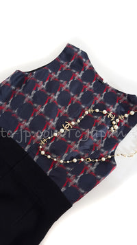CHANEL 08A Navy Red Silk Tops Black Dress 36 シャネル ネイビー レッド シルク トップス ブラック ワンピース 即発
