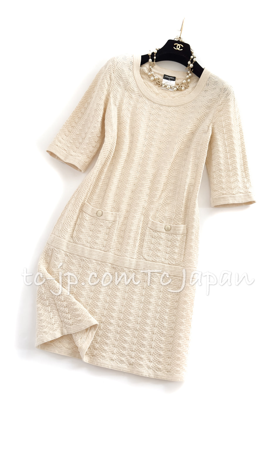 CHANEL 13S Ivory Cream Summer Cotton Knit Dress 34 シャネル アイボリークリーム 春夏 サマー コットン ニット ワンピース