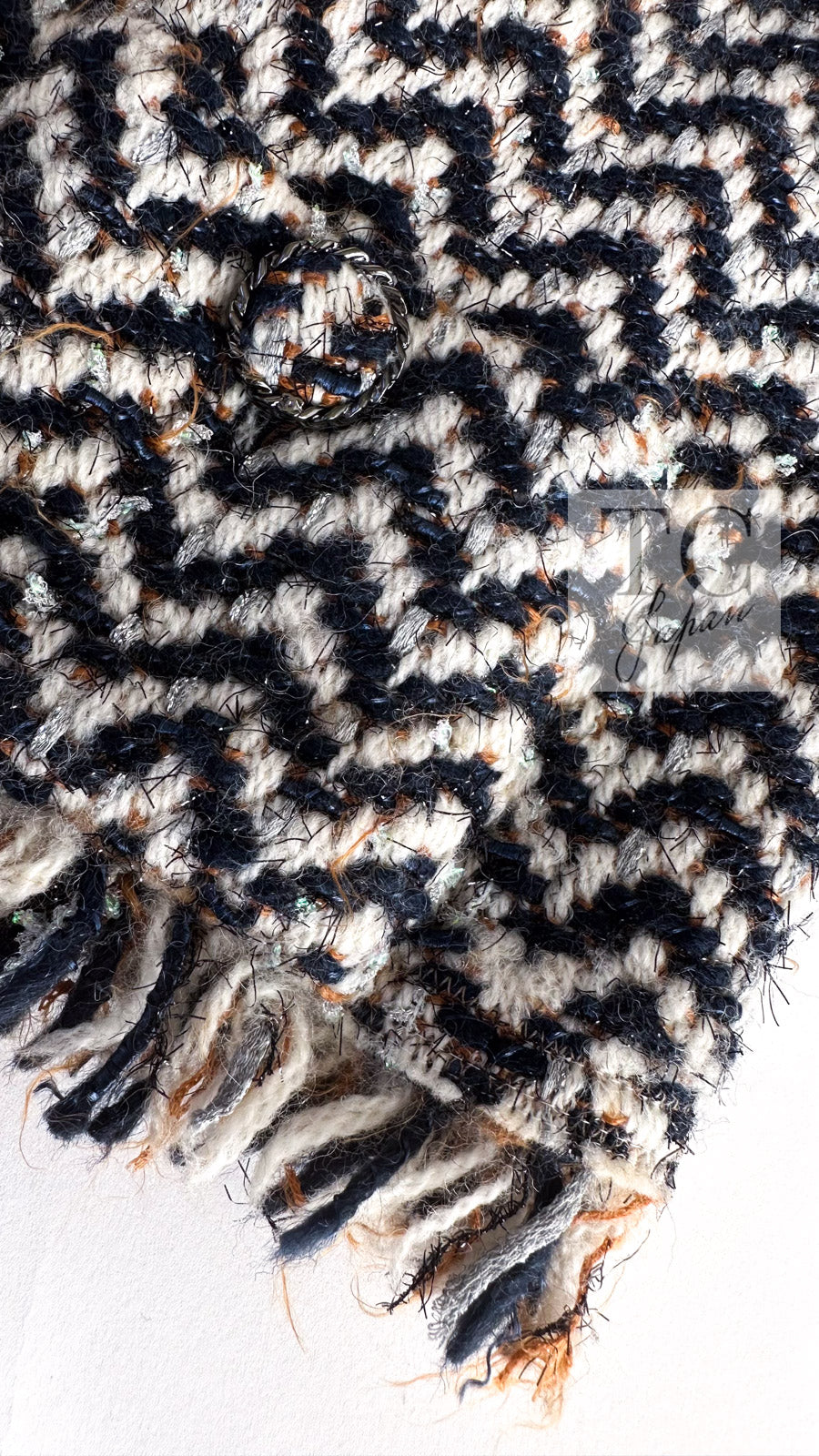 CHANEL 19A Navy Ivory Mix Tweed Cropped Fringe Jacket 38 シャネル アイボリー ネイビー シェベロン クロップド フリンジ ミックス ツイード ジャケット 即発