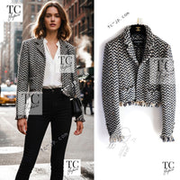 CHANEL 19A Navy Ivory Mix Tweed Cropped Fringe Jacket 38 シャネル アイボリー ネイビー シェベロン クロップド フリンジ ミックス ツイード ジャケット 即発
