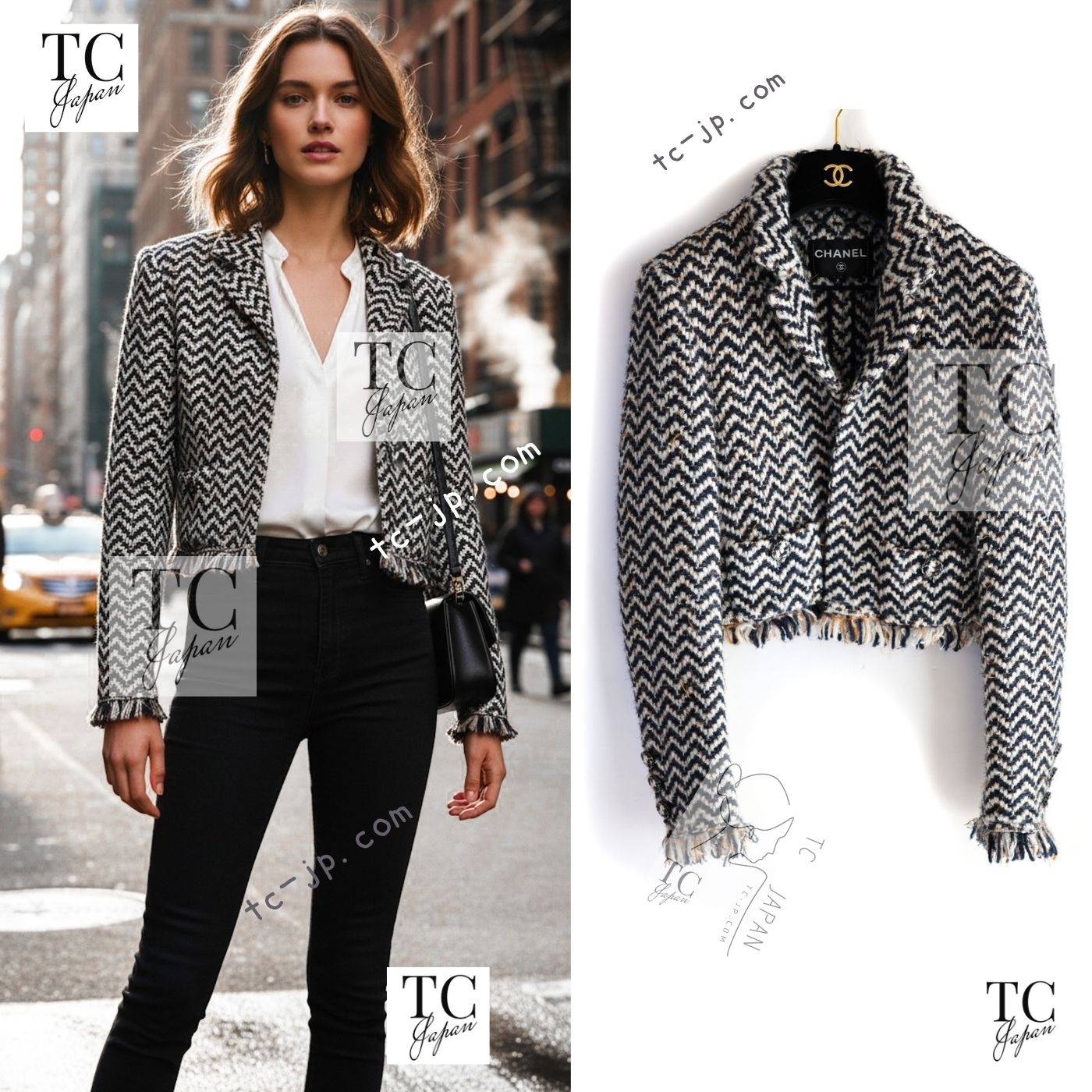 CHANEL 19A Navy Ivory Mix Tweed Cropped Fringe Jacket 38 シャネル アイボリー ネイビー シェベロン クロップド フリンジ ミックス ツイード ジャケット 即発