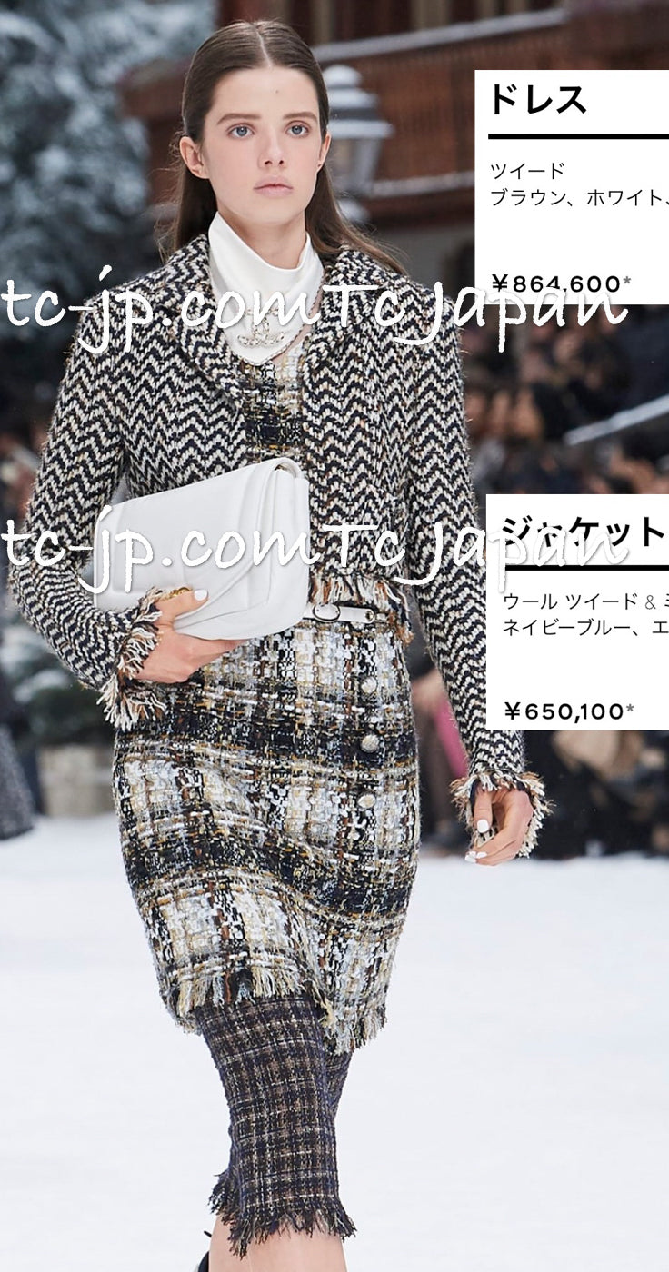CHANEL 19A Navy Ivory Mix Tweed Cropped Fringe Jacket 38 シャネル アイボリー ネイビー シェベロン クロップド フリンジ ミックス ツイード ジャケット 即発