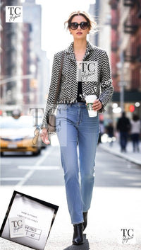 CHANEL 19A Navy Ivory Mix Tweed Cropped Fringe Jacket 38 シャネル アイボリー ネイビー シェベロン クロップド フリンジ ミックス ツイード ジャケット 即発
